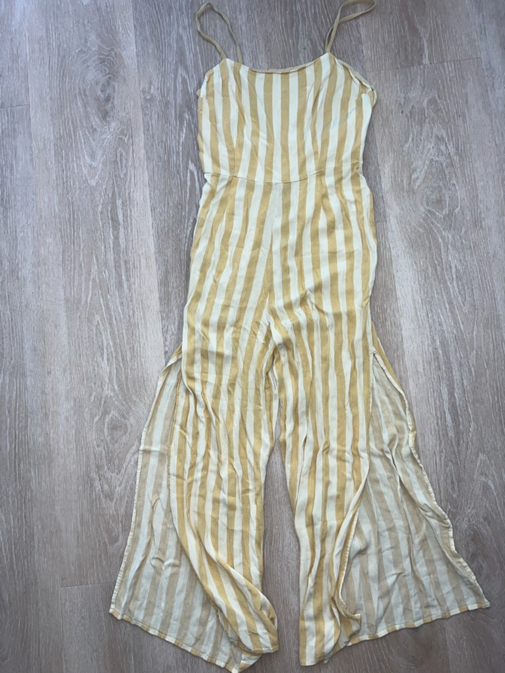 Amuse Society Yellow and Cream Striped Spaghetti-Strap Jumpsuit